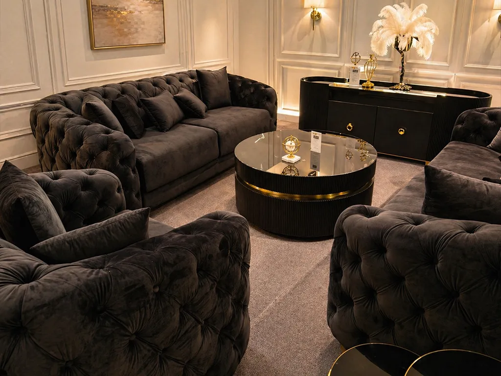 Schwarze Chesterfield Sofa Wohnlandschaft im Showroom von Möbel Plaza für Sofa kaufen in Hamburg
