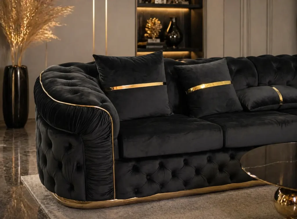 Detailaufnahme eines schwarzen Chesterfield Ecksofas mit goldenen Akzenten im Möbelhaus Möbel Plaza Hamburg