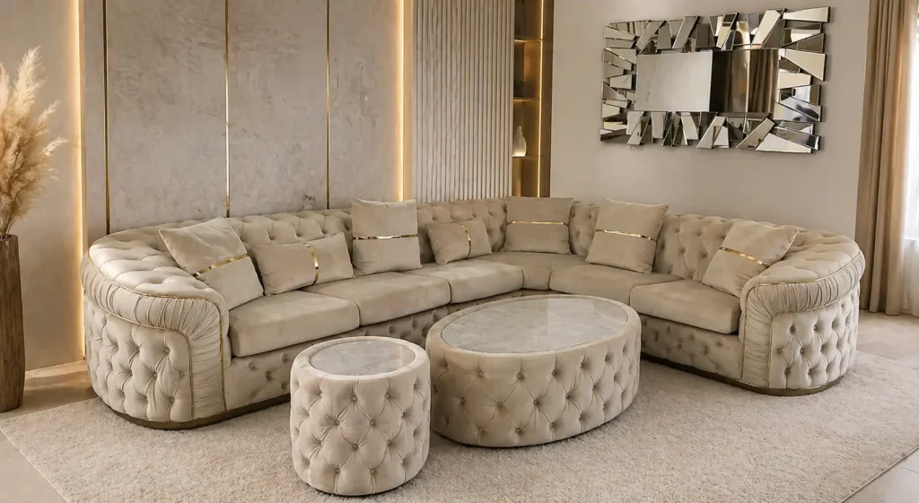 Große beige Ecksofa Wohnlandschaft mit Chesterfield Design im Showroom von Möbel Plaza Hamburg