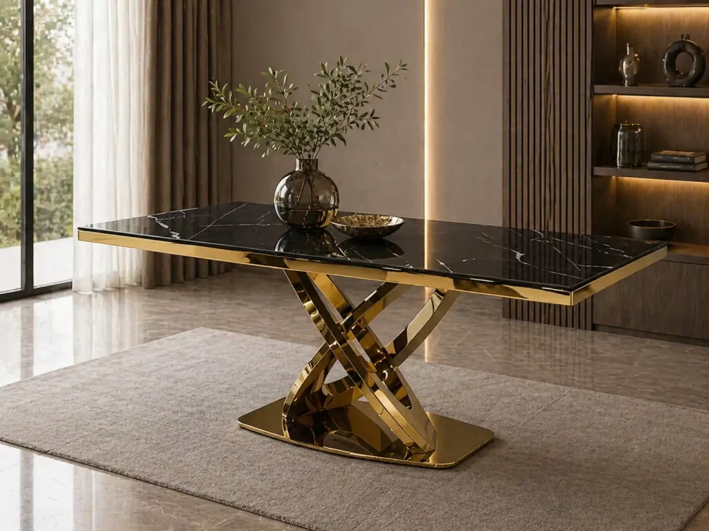 Luxuriöser schwarzer Esstisch mit goldenem Designgestell bei Möbel Plaza Hamburg
