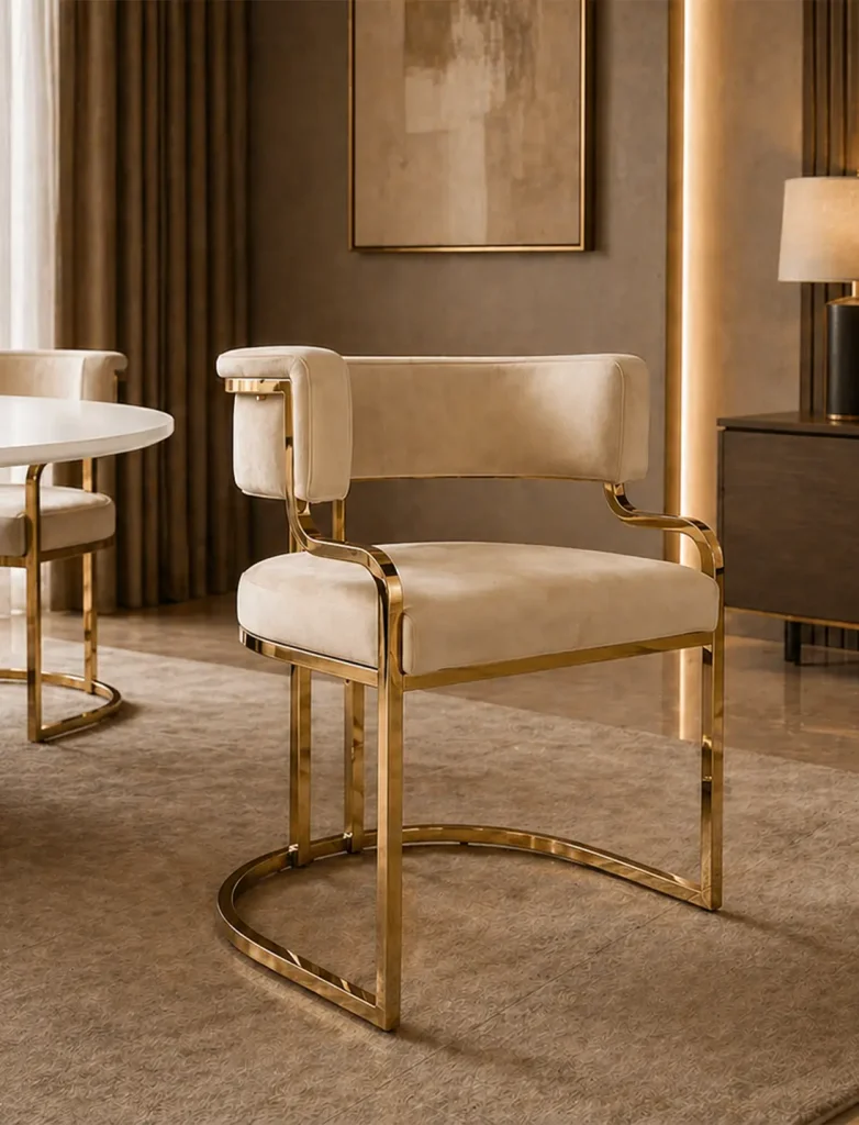 Moderner gepolsterter Designstuhl mit goldenem Gestell im Möbel Plaza Showroom Hamburg