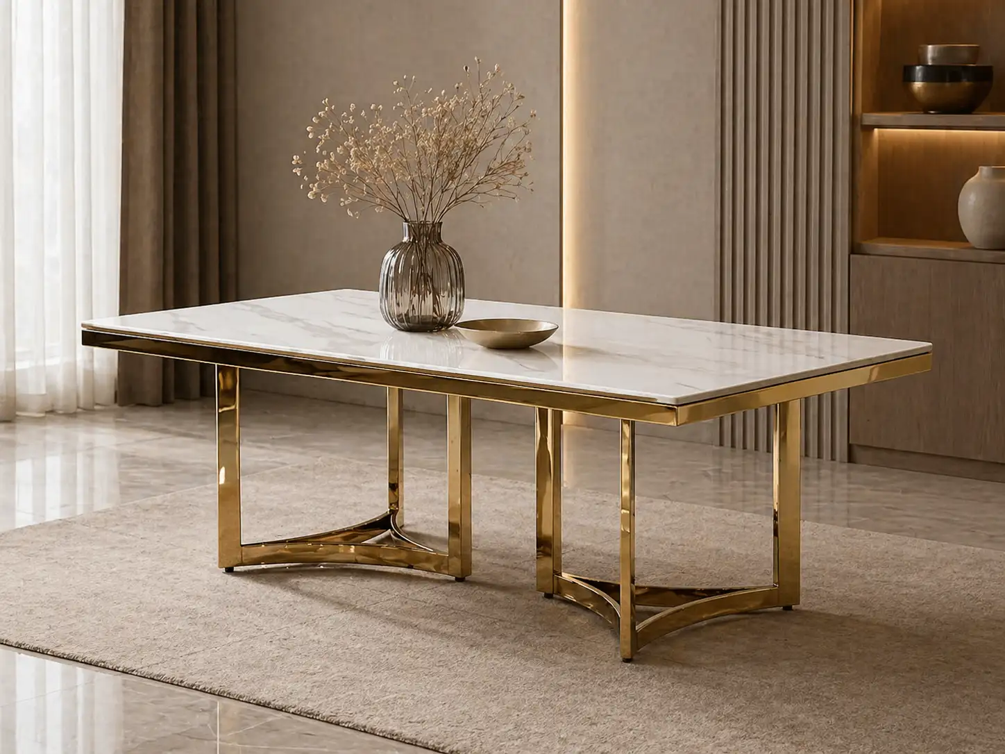 Moderner weißer Esstisch mit goldenem Gestell im Möbel Plaza Showroom Hamburg