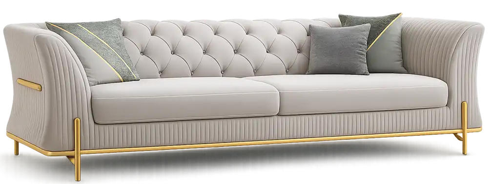 Modernes Sofa in Hamburg mit grauem Stoff und goldenen Details bei Möbel Plaza