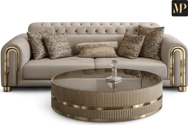 Modernes Sofa mit goldenen Details und Couchtisch im Möbelgeschäft Hamburg MöbelPlaza