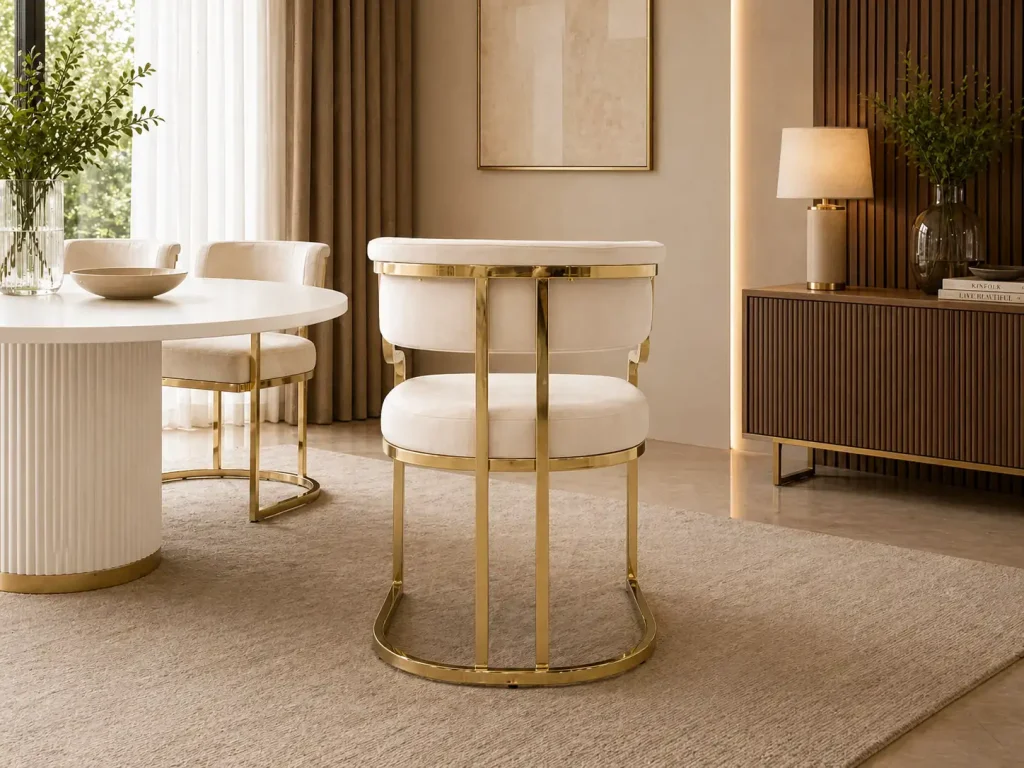 Modernes Stuhlset mit gepolsterten Designstühlen und Tisch im Möbel Plaza Showroom Hamburg