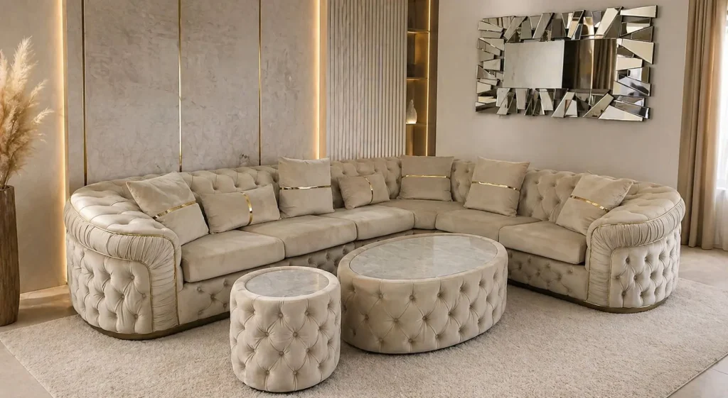 Orientalisches Ecksofa in Hamburg im Möbel Plaza Showroom mit passendem Couchtisch und stilvoller Wohnzimmergestaltung