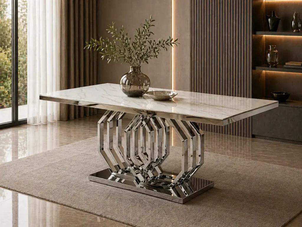 Moderner orientalischer Esstisch in Hamburg mit Marmorplatte und glänzendem Metallgestell im Möbel Plaza Showroom