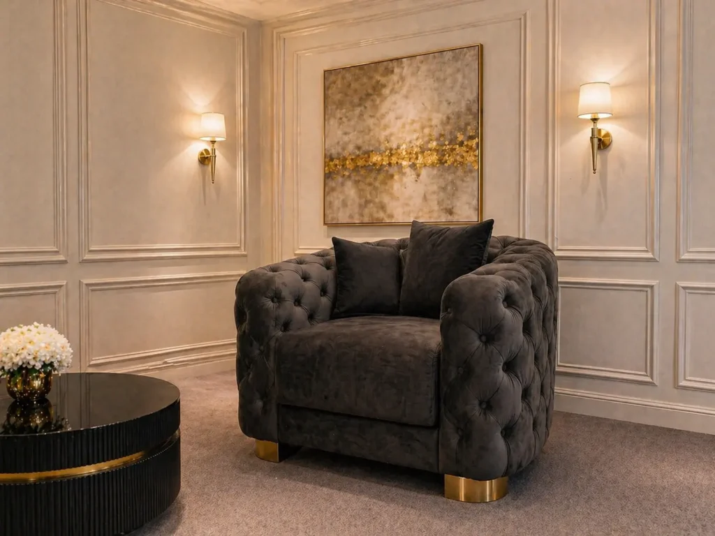 Orientalischer Chesterfield Sessel in Hamburg im Möbel Plaza Showroom mit goldenen Details und eleganter Wandgestaltung